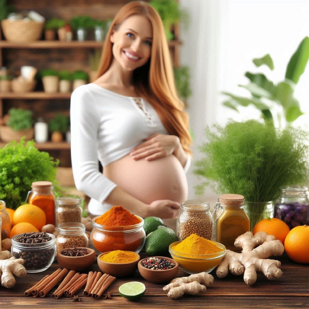 A radiant young woman, with a soft smile and a gentle touch on her rounded belly, stands in a sunny kitchen surrounded by jars of fragrant spices. She carefully selects a pinch of saffron, known for its antioxidant properties, and adds it to a simmering pot of soup. The rich, golden hues of the spices mix with the warm tones of her kitchen, creating an atmosphere of love, health, and care as she prepares a meal for both herself and her baby.